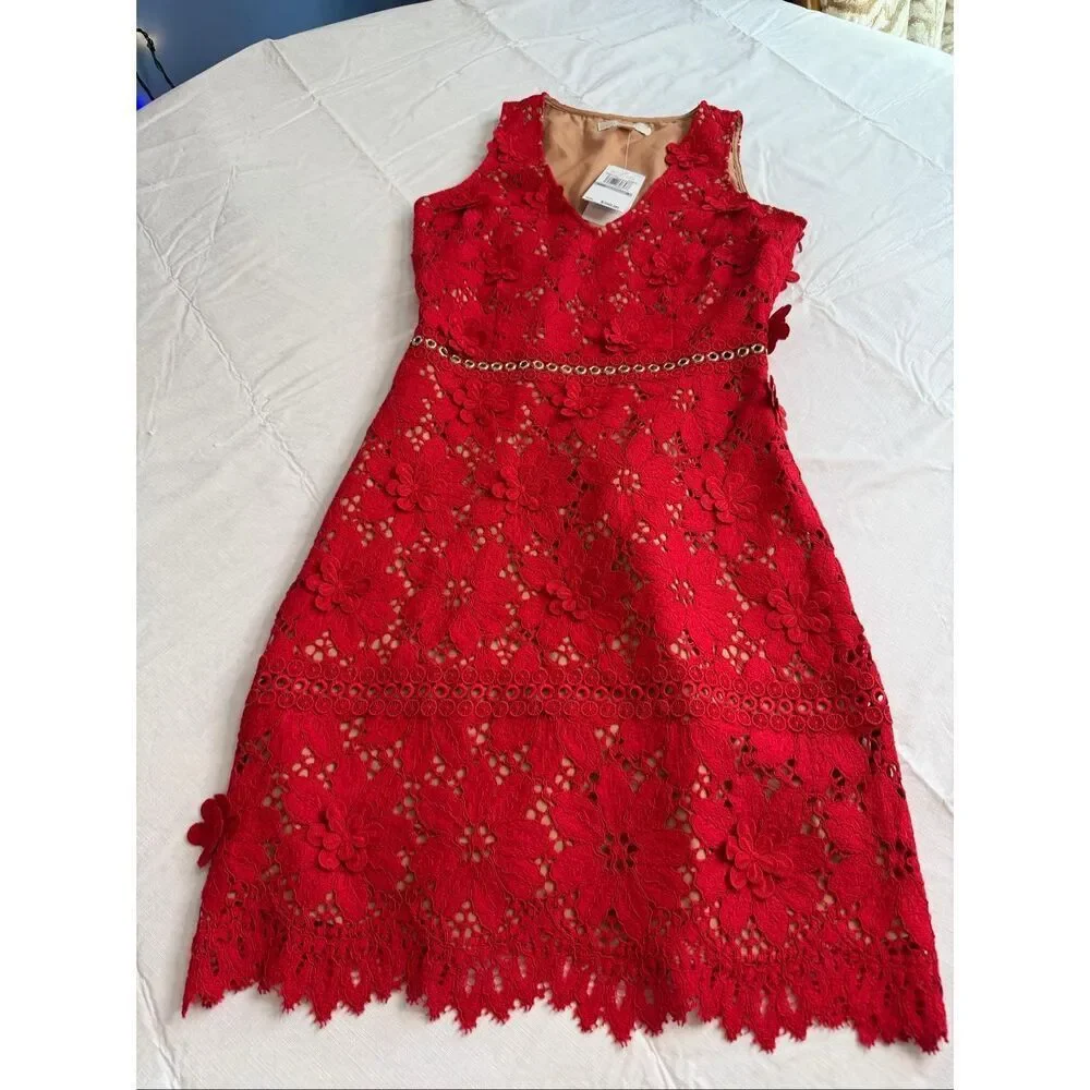 Michael Kors Scarlet Red Floral Appliqué Lace Dress Size 0